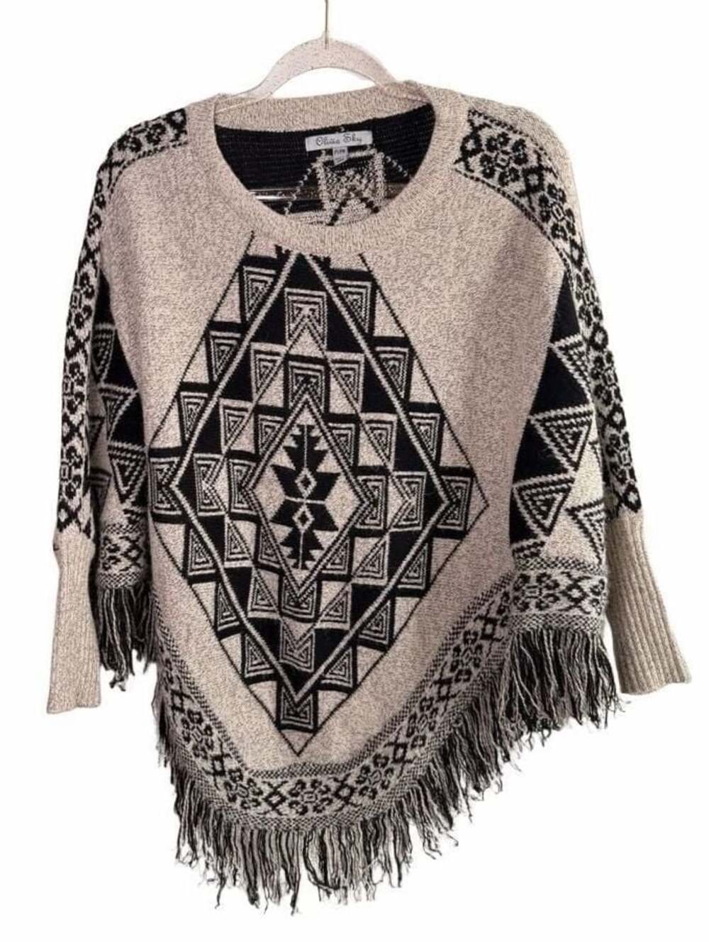 Olivia Sky Black and Cream Geometric Aztec Fringe Cuffed Poncho Sweater PS/PM